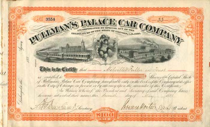 Pullman's Palace Car Co. signed by Chief Justice Mellville W. Fuller - Stock Certificate